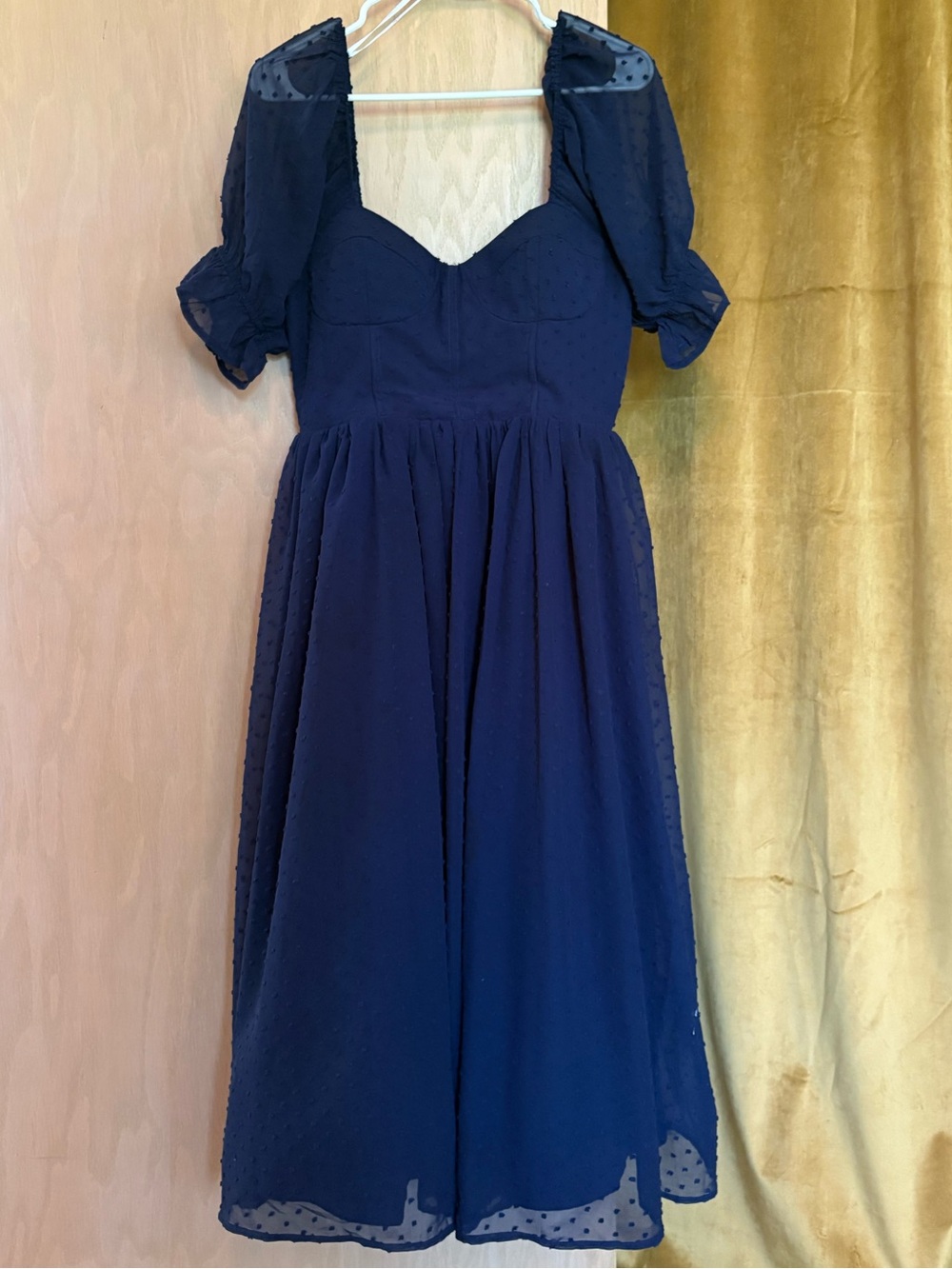 Navy Textured Dress with Puff Details